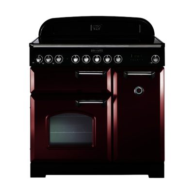 Rangemaster Classic Deluxe 90cm Electric Induction 90290 Range Cooker in Cranberry with Brass Trim and Induction Hob